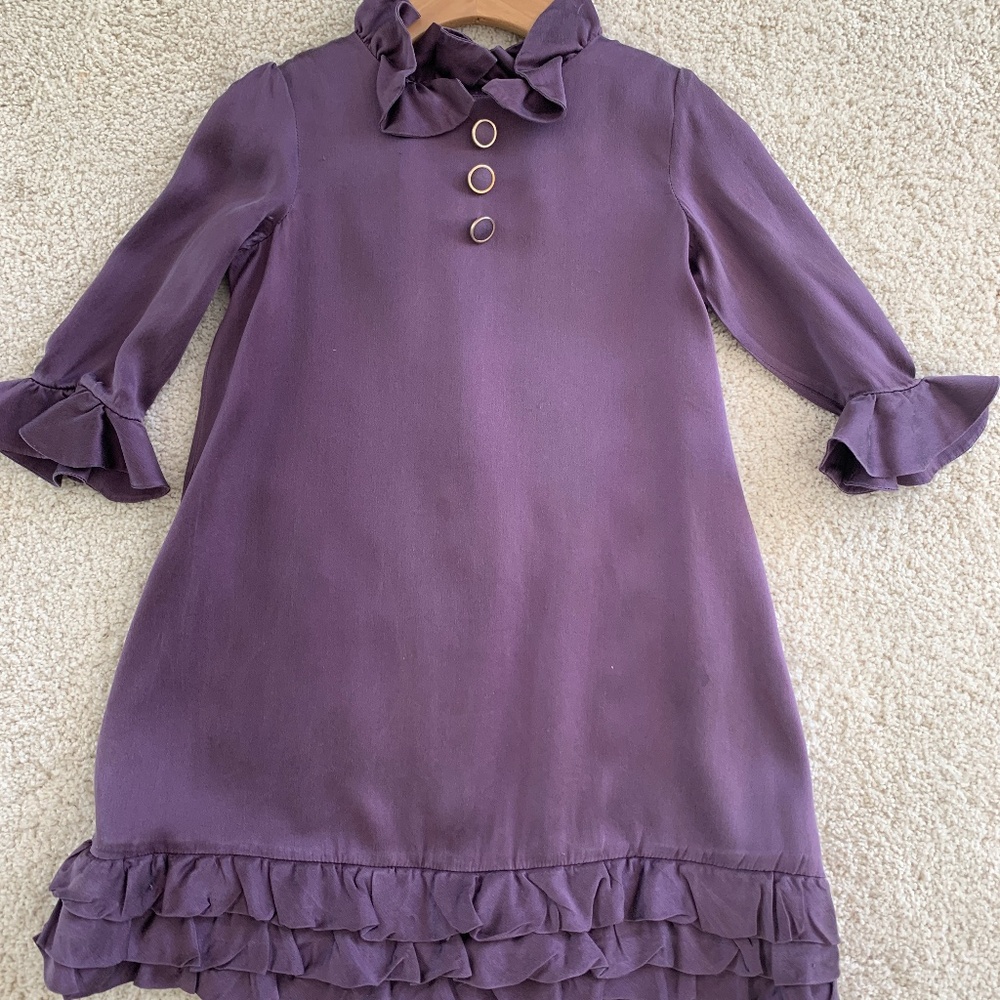 100% Silk Designer Marie Chantal Purple Dress with Ruffle Size 4